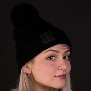Black-leather-label pom beanie